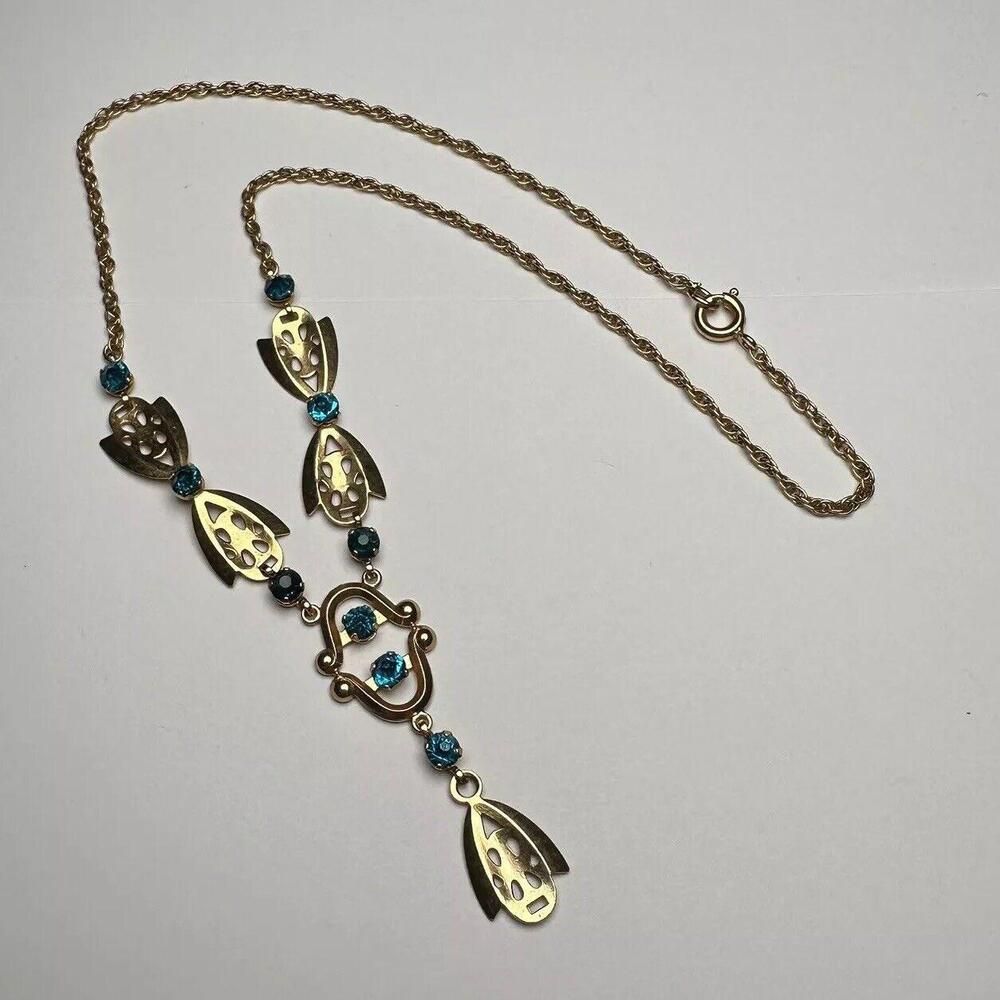 Retro Gold Tone Blue Rhinestone Y Drop Necklace